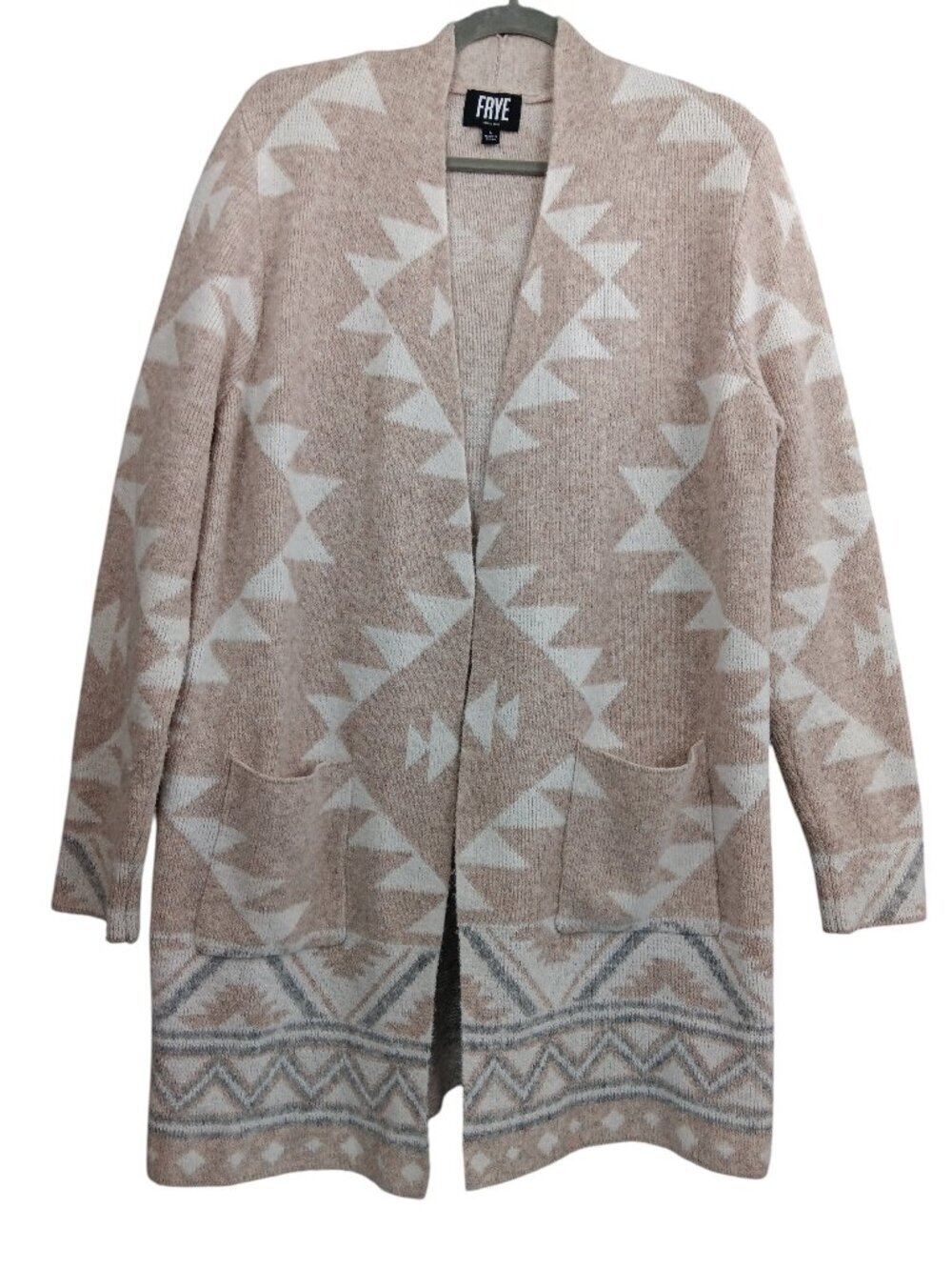 FRYE The Cozy Cardigan Women's Open Front Pockets Jacquard Pattern Tan Oatmeal L